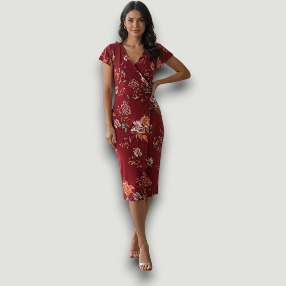 OTEN Womens Dress Red 2XL Midi Slimming Stretch Ruched Romantic Wedding Guest